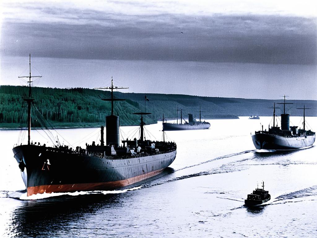 Старинная фотография грузовых кораблей на Ладожском озере во время ВОВ