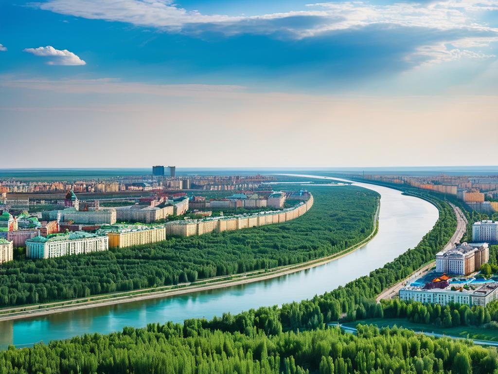 Панорама Новосибирска с рекой Обь, показывающая красивые пейзажи и парки
