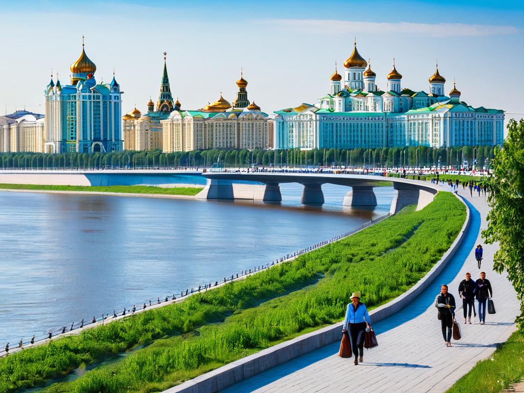 Набережная Новосибирска на реке Обь с гуляющими людьми на фоне панорамы города