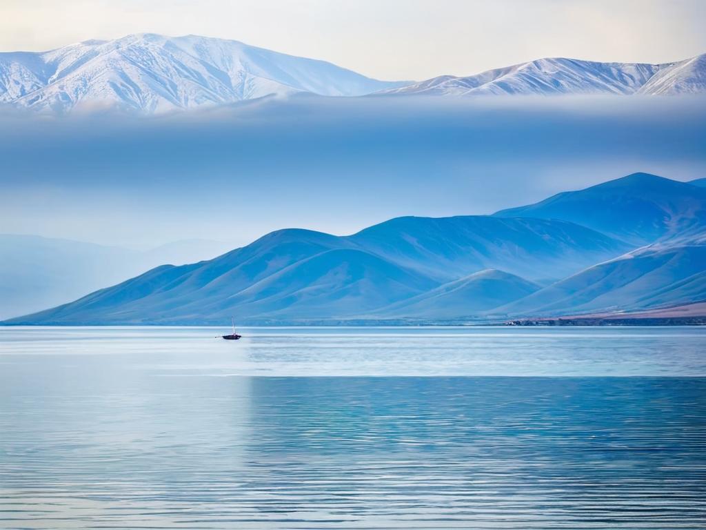 Озеро Севан, окруженное туманными горами