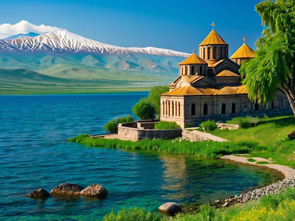 Древний монастырь на берегу озера Севан на фоне гор