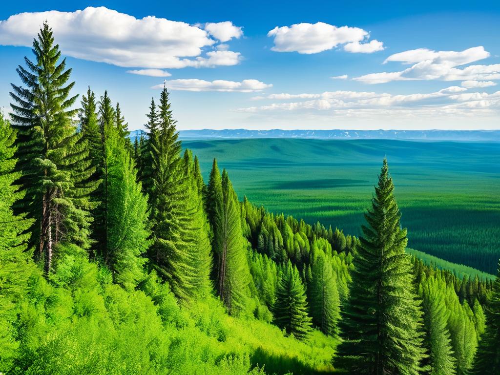 Красивый вид на Уральские горы с зелеными деревьями и голубым небом в летний день. Природный символ