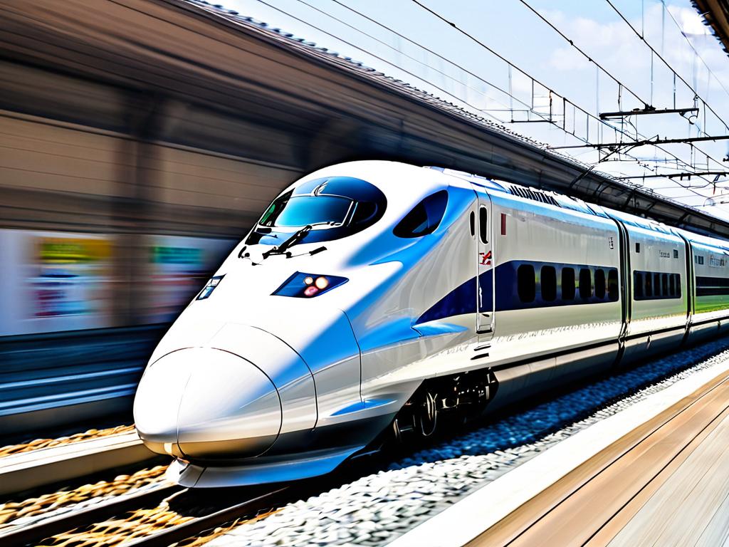 Японский скоростной поезд в движении. У Японии одна из самых передовых сетей высокоскоростных