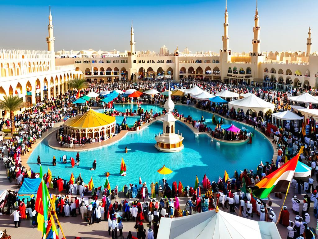 Толпа туристов на фестивале Глобальная Деревня в Дубае