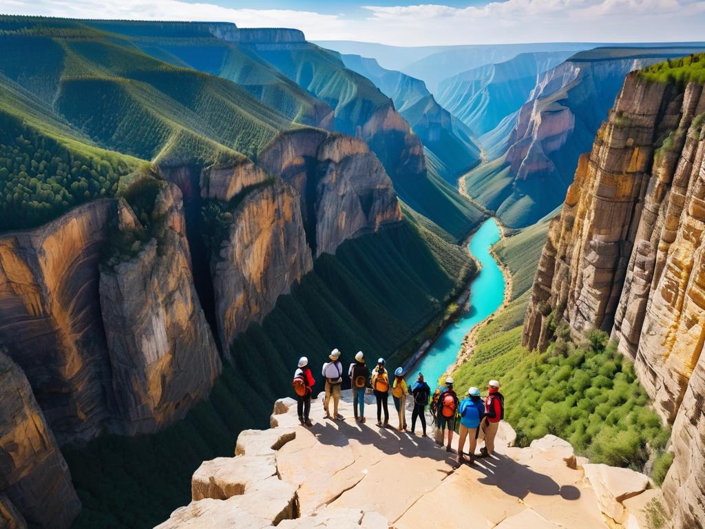 Завораживающий вид каньона. Восхищенные туристы стоят на краю обрыва и любуются красивым горным