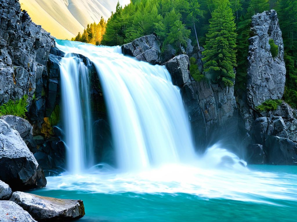 Мощный горный водопад стремительно падает между скал в бирюзовый пруд.