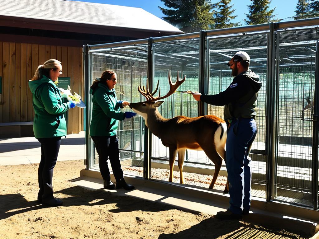 Сотрудники зоопарка общаются и кормят морковкой оленей и козерогов в открытом вольере