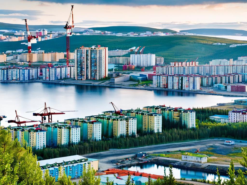 Панорама Мурманска с высотных домов портовыми кранами