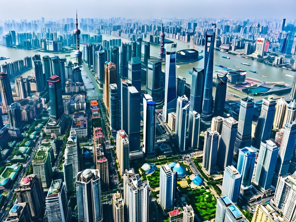 Вид Шанхая сверху, город очень плотно застроен