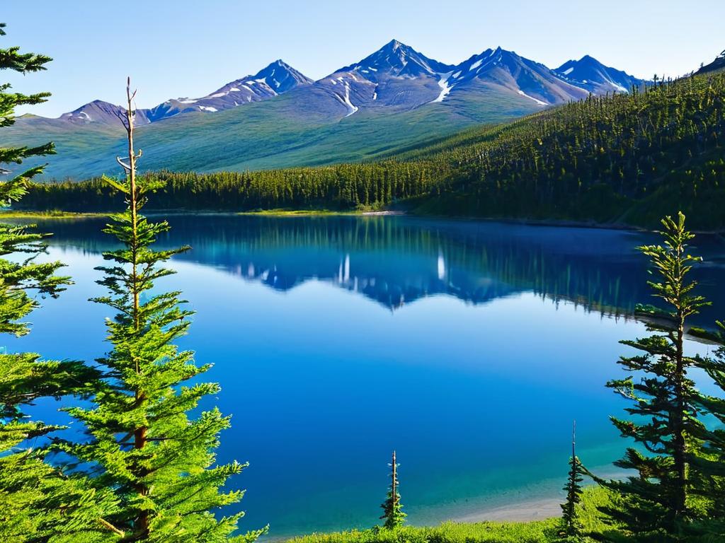 Горное озеро и сосновый лес в государственном парке Чугач на Аляске