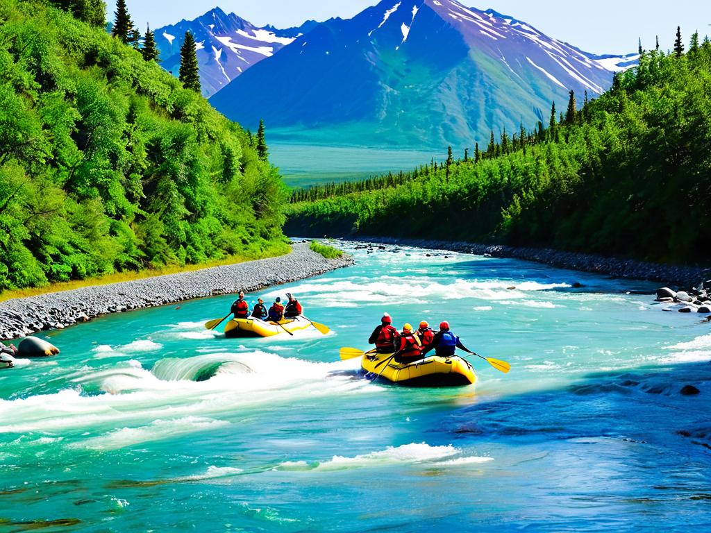 Туристы сплавляются на байдарках по реке в парке Чугач на Аляске
