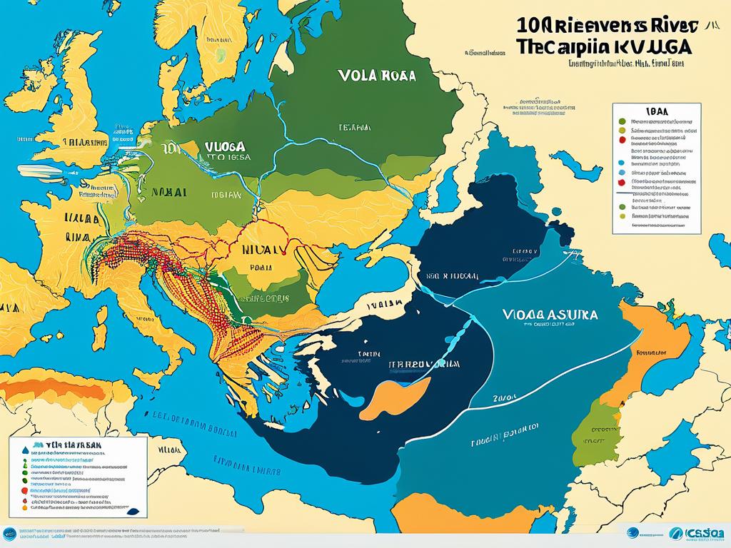 Инфографика, показывающая 130 рек, впадающих в Каспийское море, включая Волгу, Урал, Куру и Терек