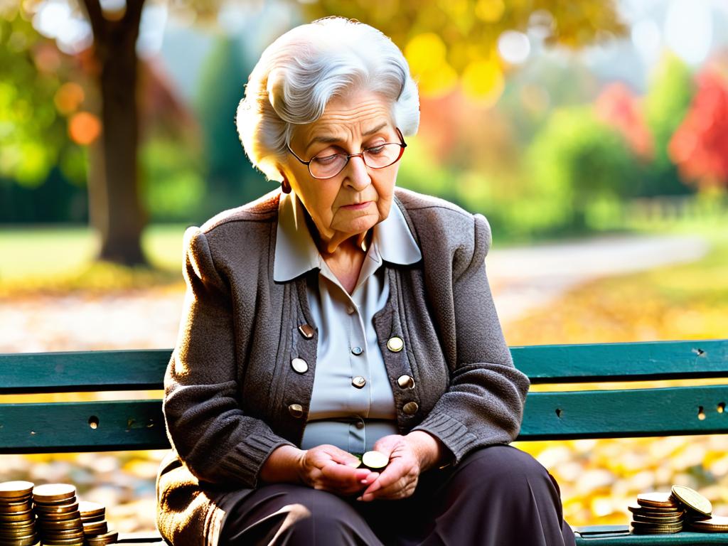 Пожилая женщина сидит на лавке, пересчитывая монеты