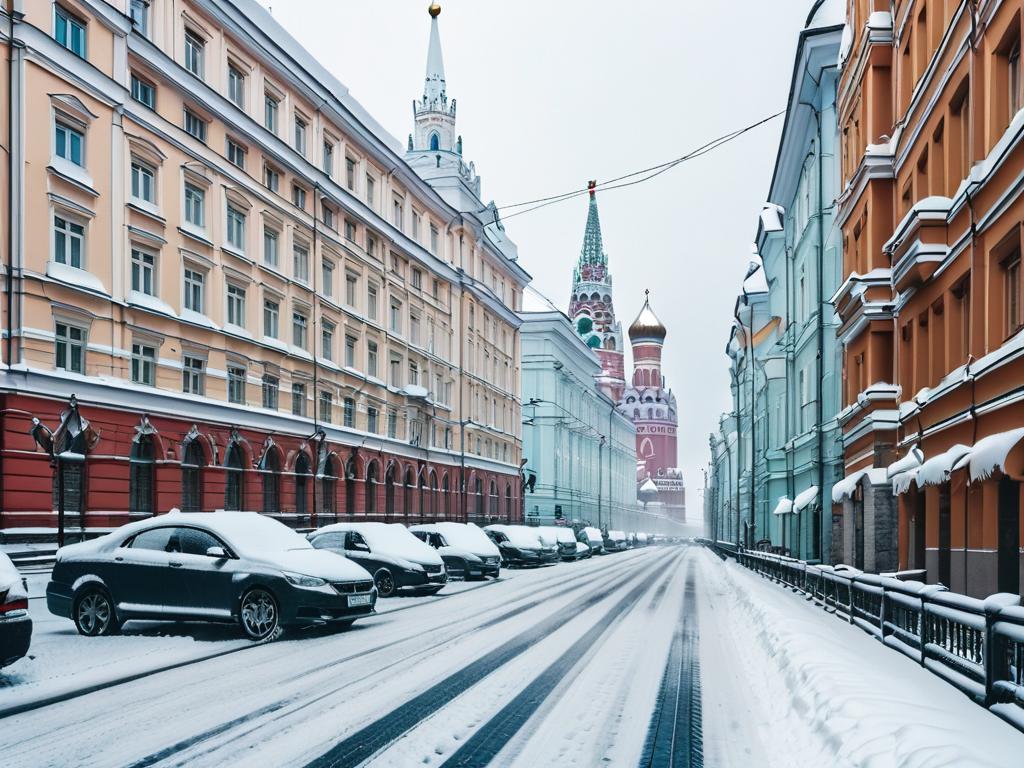 Улицы Москвы зимой, покрытые снегом. Пример описания фото для генерации изображения ИИ.