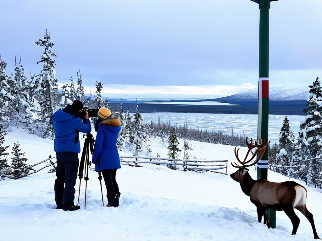 Туристы фотографируются у стелы с надписью Полярный Круг на фоне снежного леса с оленями