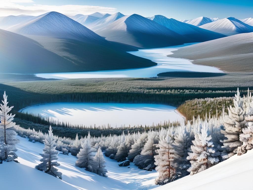 Панорама долины Ловозерских тундр с обледеневшими соснами в горах Хибины зимой