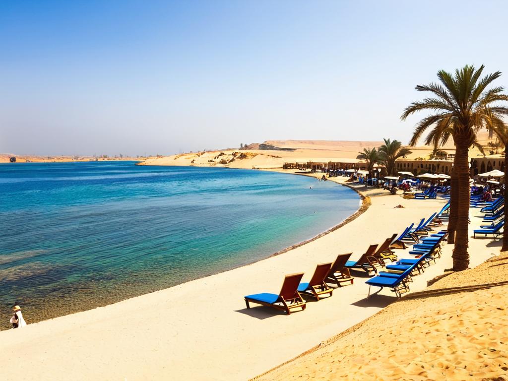 Зимний солнечный пляж в Египте, туристы отдыхают
