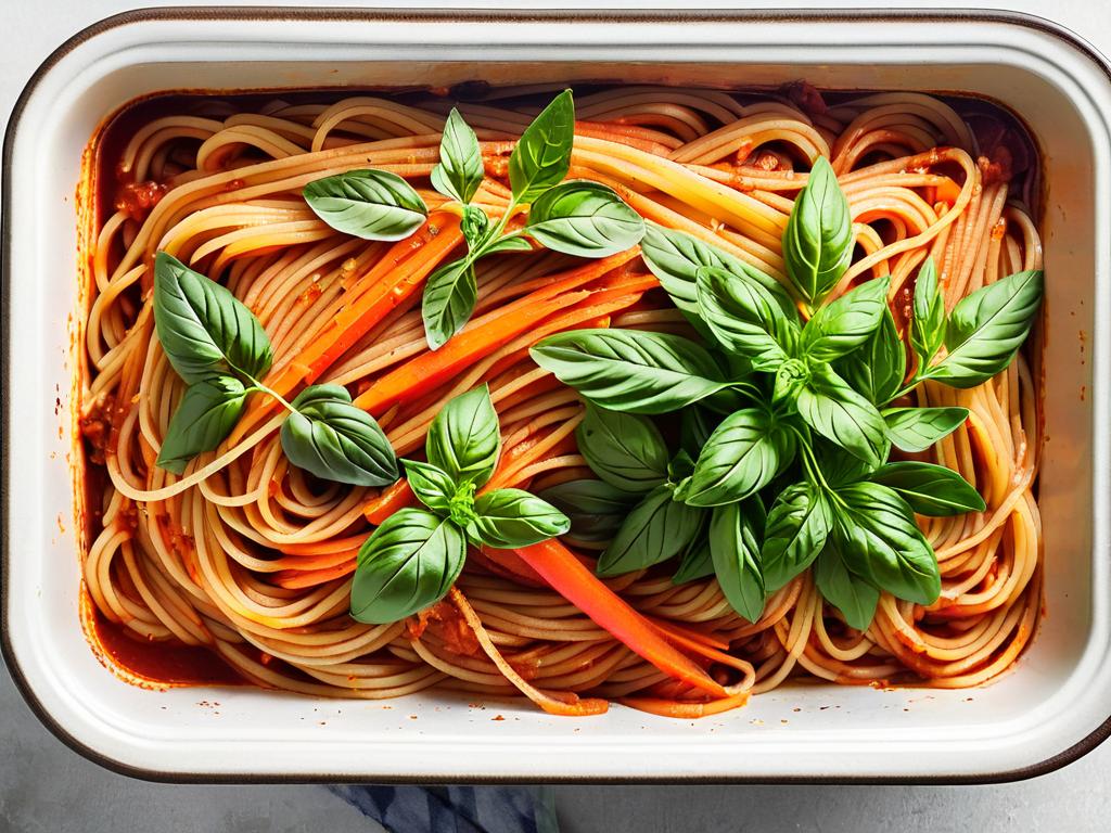 Спагетти с томатной пастой и овощами в форме