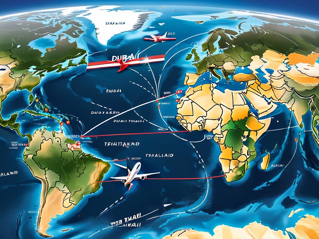 Прямой маршрут на карте мира из Дубая в Таиланд