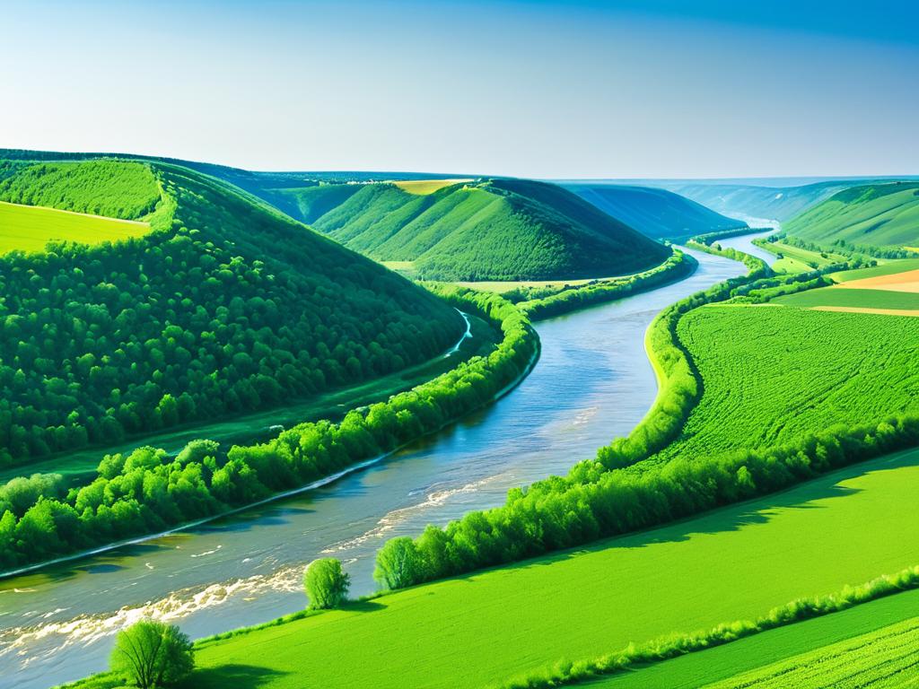 Фото реки Вислы в Польше, протекающей сквозь зеленые холмы и равнины.