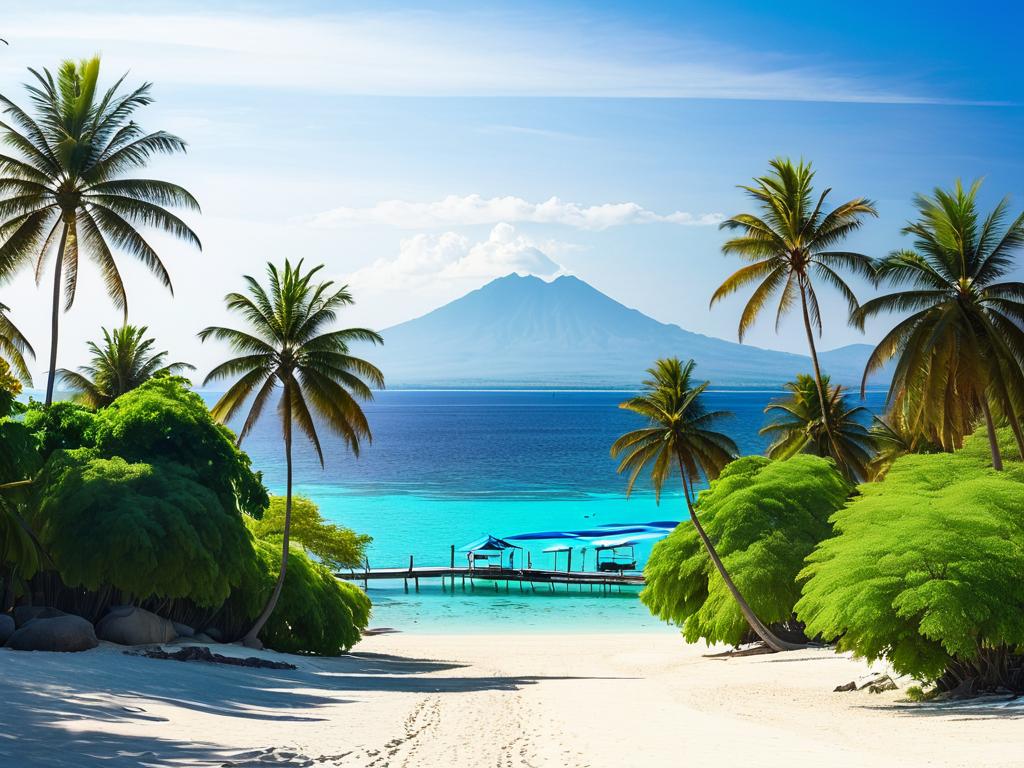 Солнечный пляж с пальмами на острове Гили Траванган