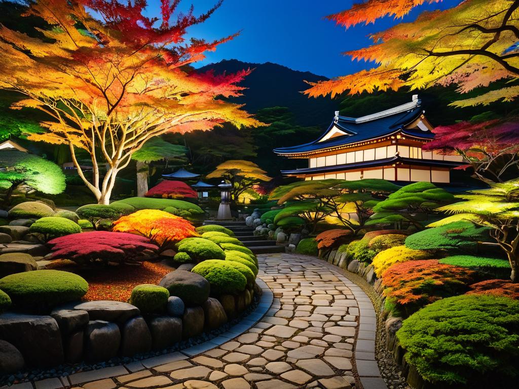 Красиво освещенный сад с красочной осенней листвой в Японии.