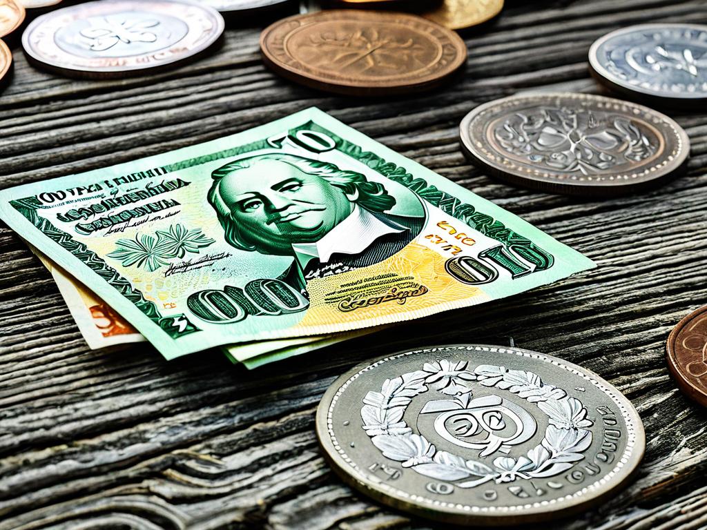 Валюта Грузии - лари, монеты и банкноты лежат на деревянном столе