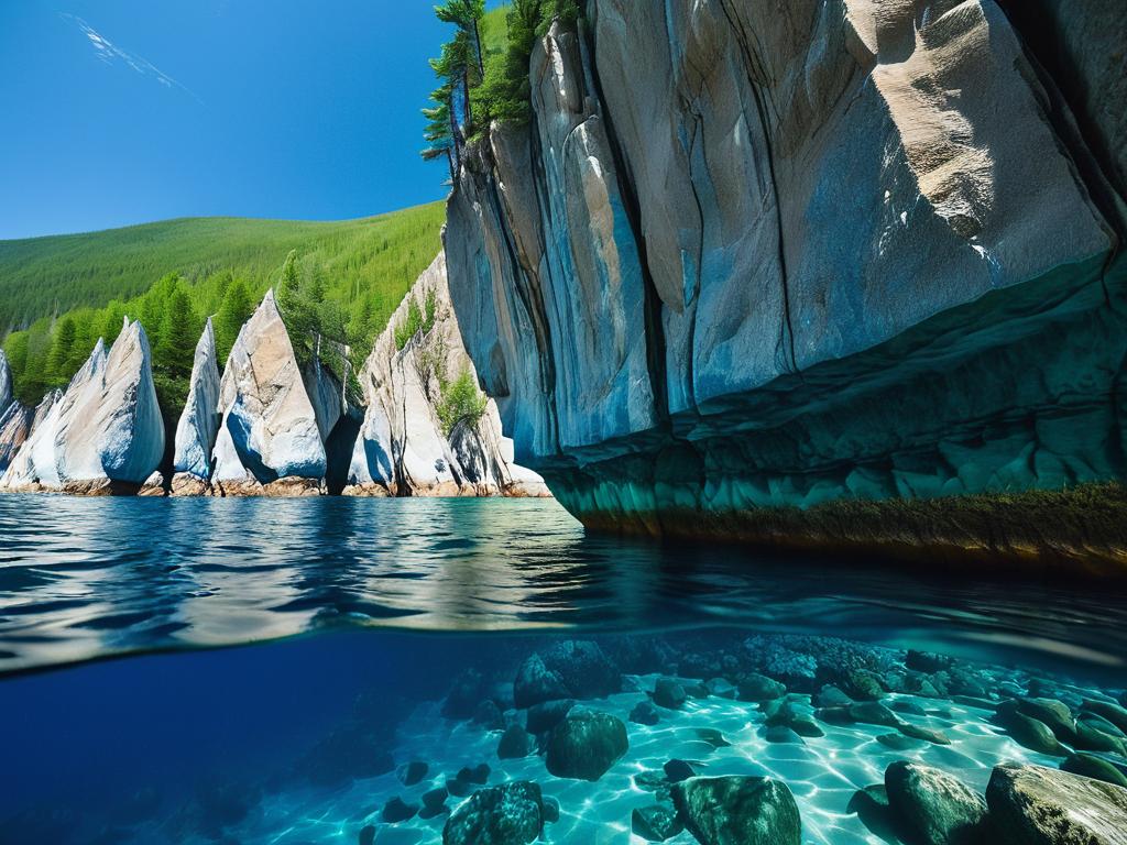 Подводная фотография глубокой синей воды и камней Байкала