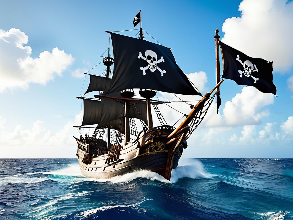Старая пиратская ладья плывет по Карибскому морю, развевается флаг со скрещенными костями