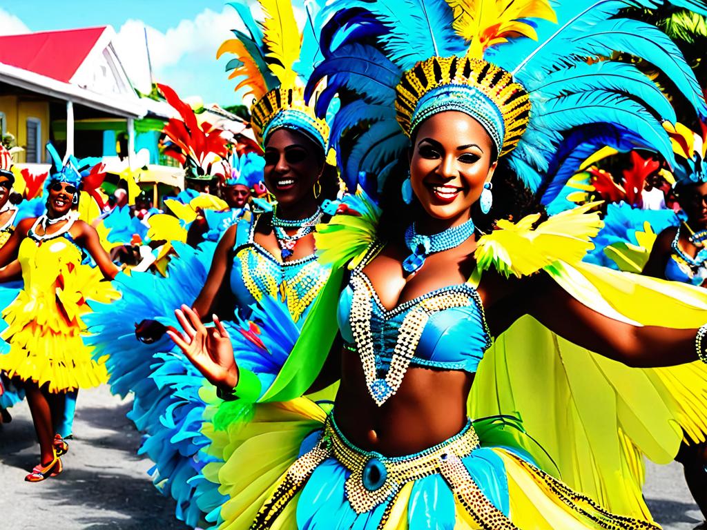 Традиционное карибское карнавальное шествие, люди танцуют в красочных костюмах
