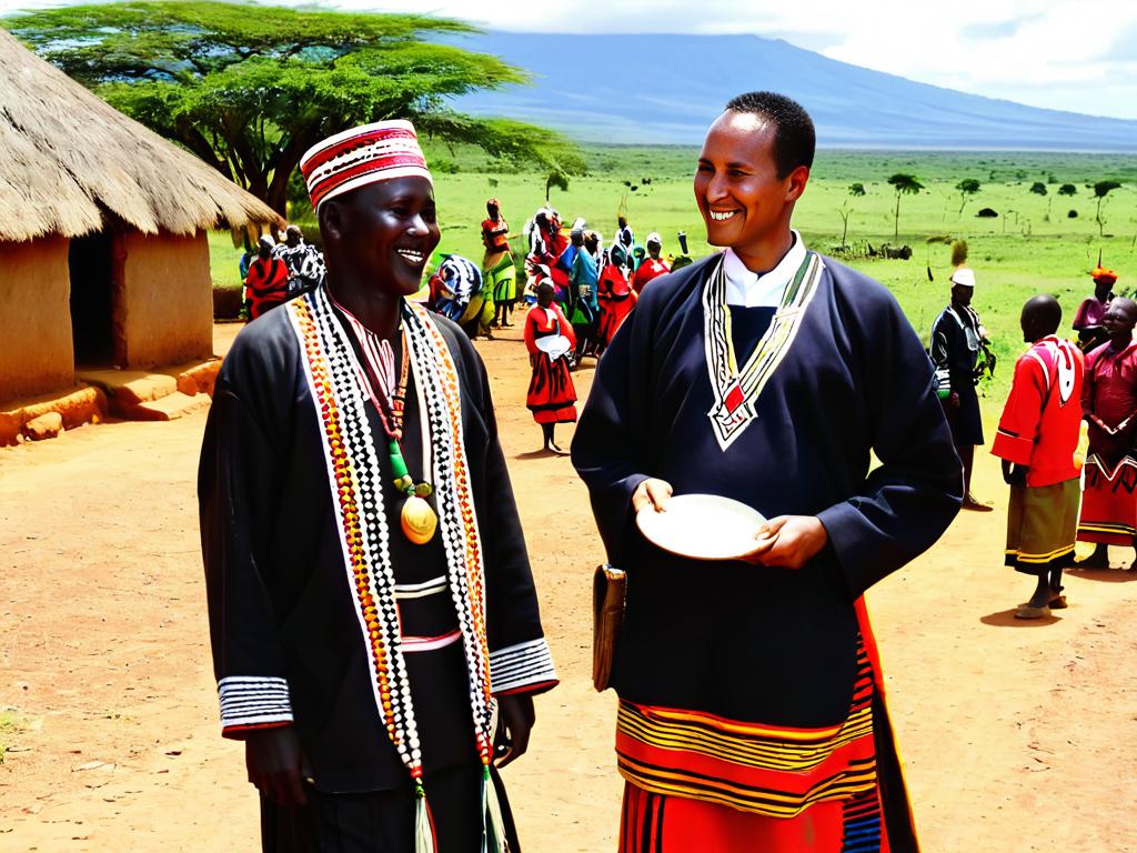 Этническая группа в традиционной одежде разговаривает на родном языке в деревне Кении