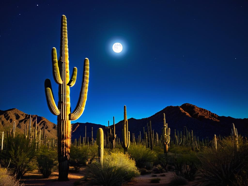 Кактус ночью в пустыне при лунном свете