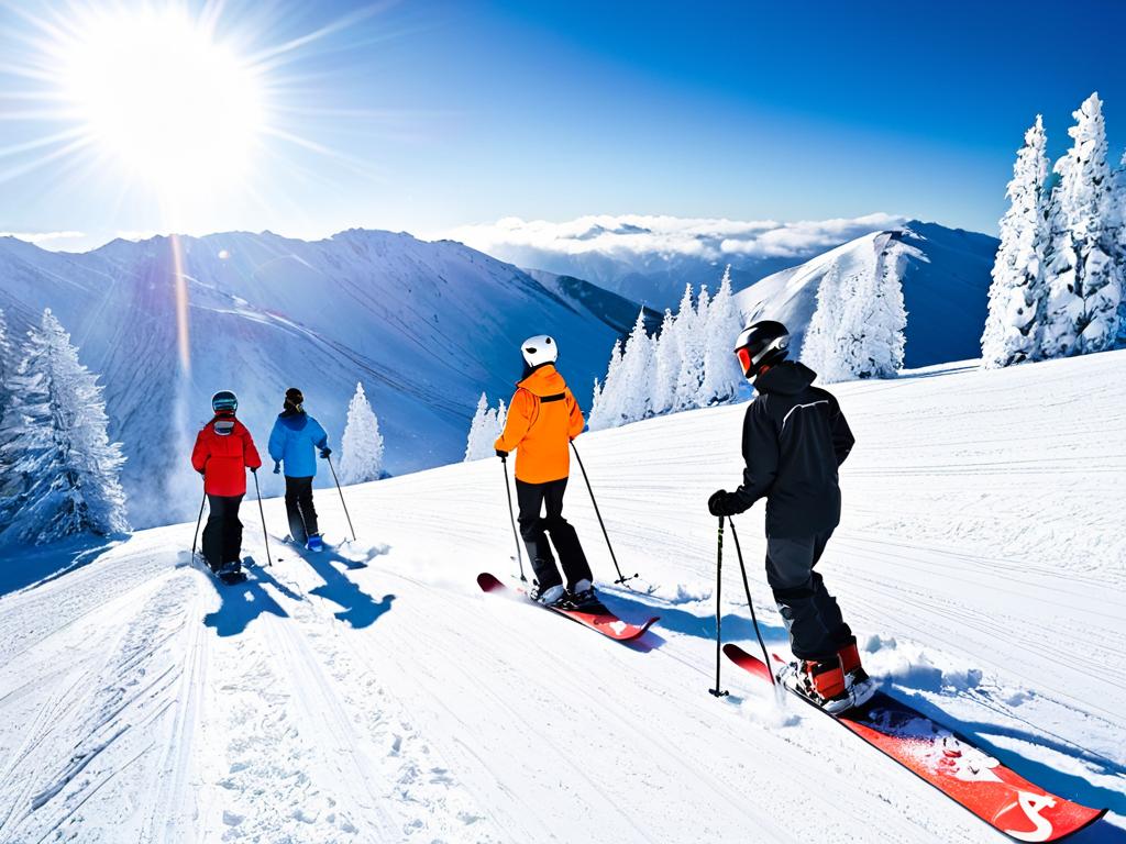 Люди катаются на лыжах и сноуборде зимой