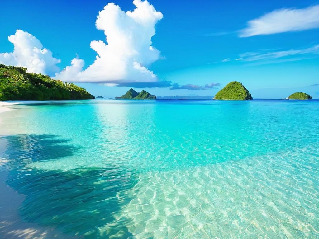 Красивый пляж с бирюзовой водой и островами на заднем плане