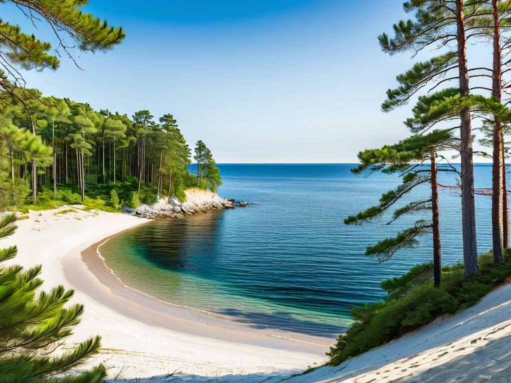 Пейзаж побережья Балтийского моря с сосновыми лесами, белым песчаным пляжем и спокойными голубыми