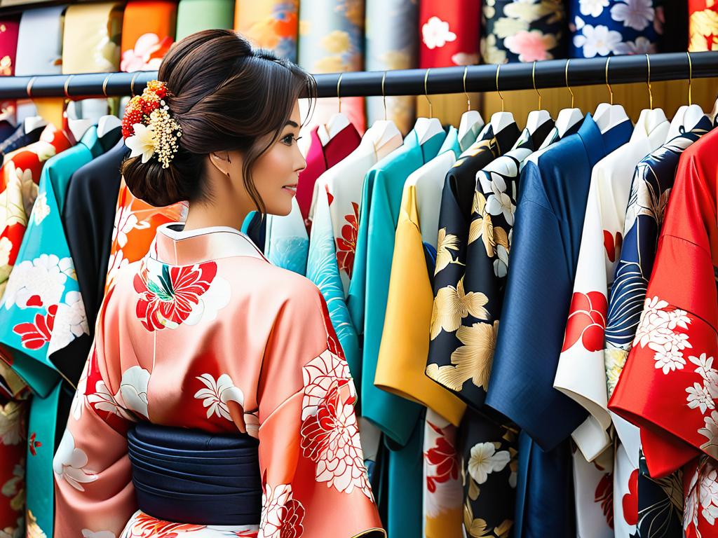 Женщина рассматривает разные кимоно в магазине одежды