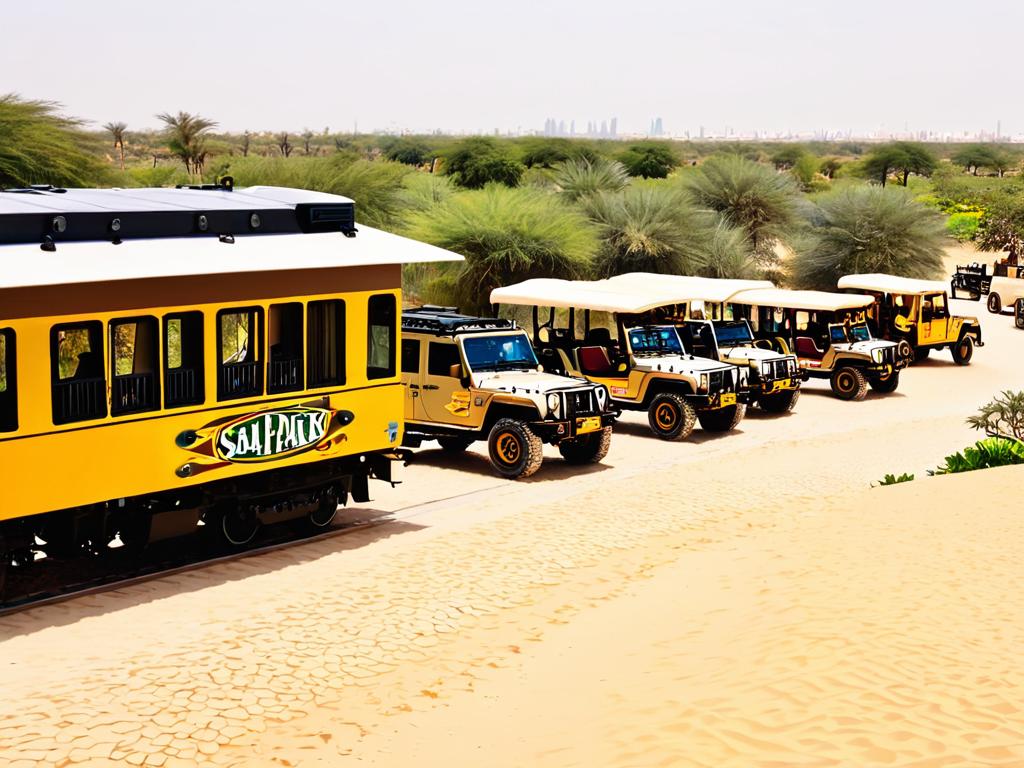 Поезд и джипы для туристов в Сафари Парке Дубая