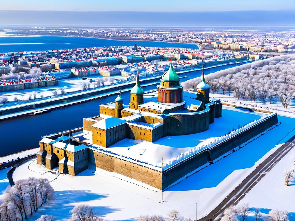 Вид сверху на заснеженный город-крепость Кронштадт зимой