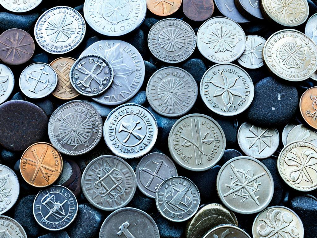 Старинные норвежские монеты на каменном фоне
