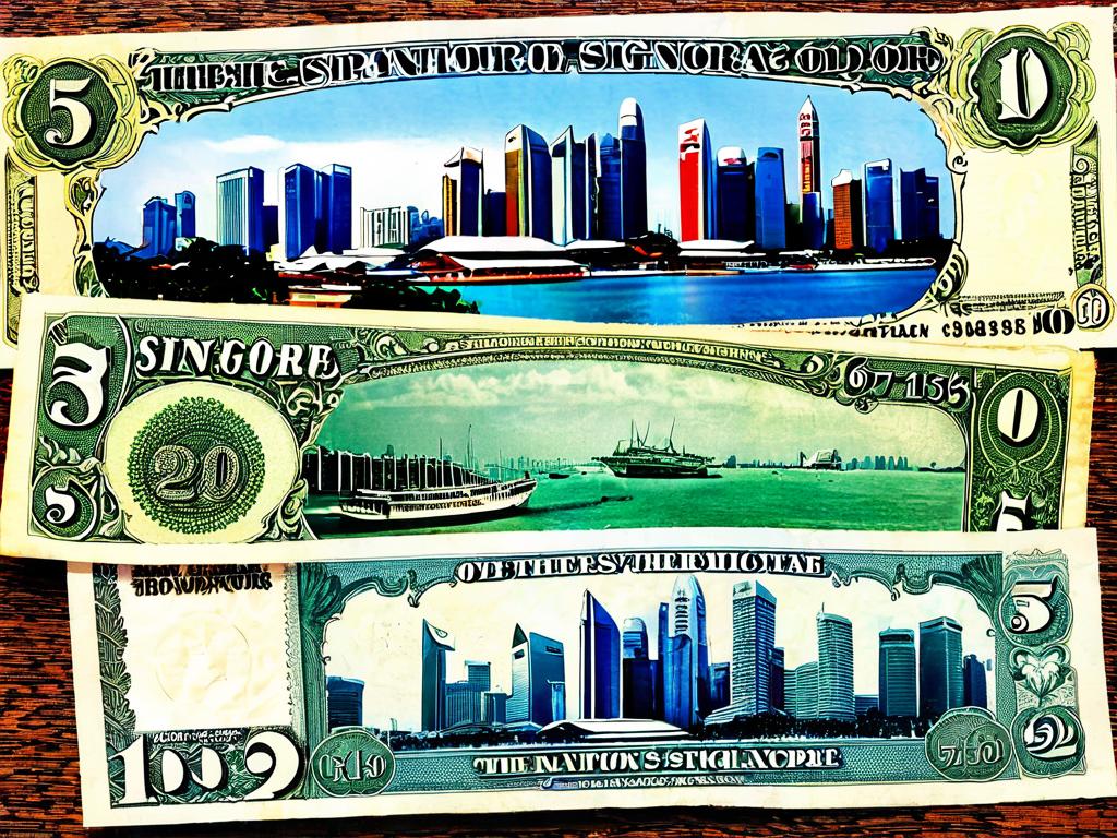 На фото изображены старые банкноты доллара Проливов, использовавшегося в Сингапуре до 1967 года, на