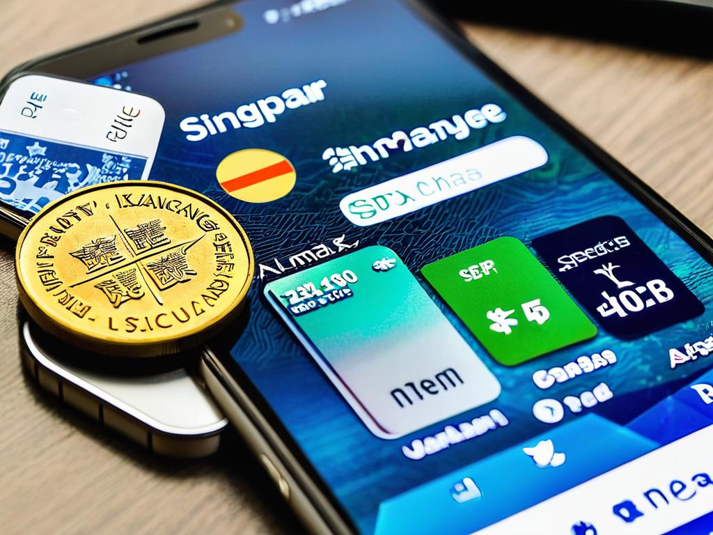 Крупным планом изображены различные монеты Сингапура и смартфон с приложением для обмена валюты,