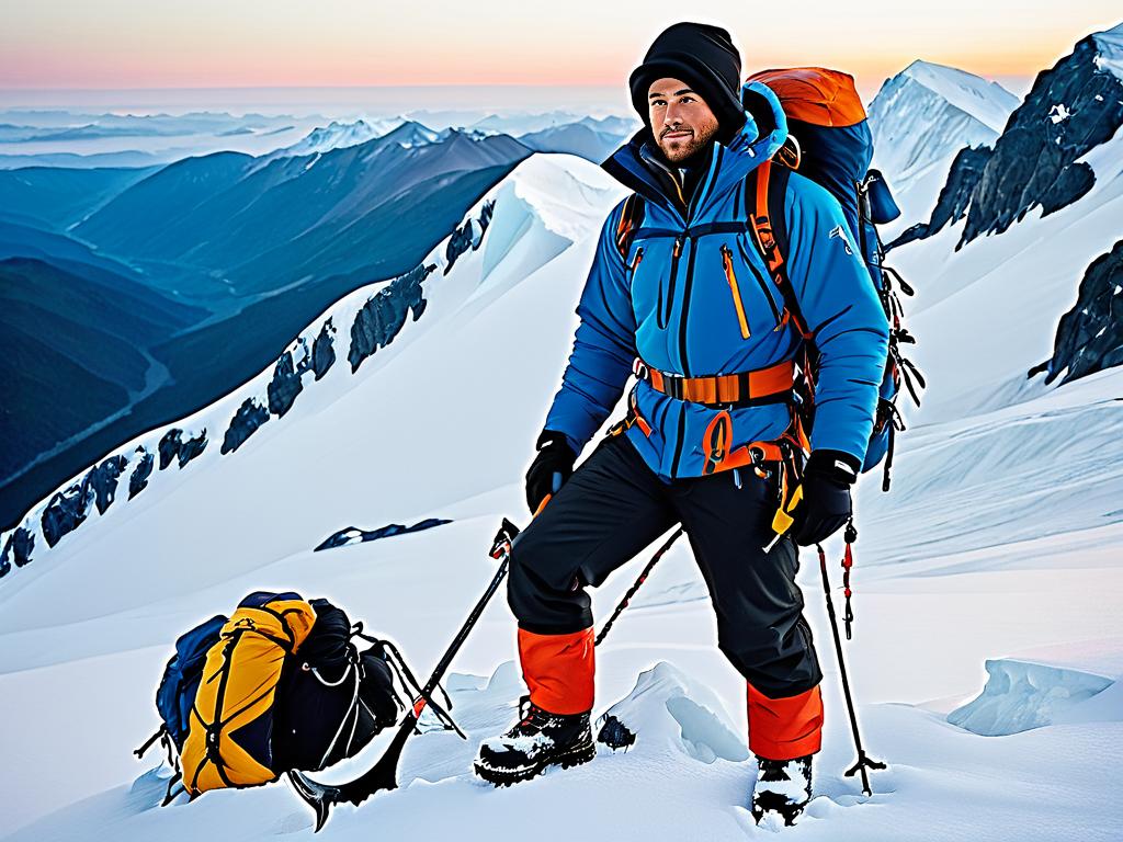 Альпинист в теплой одежде на склоне горы