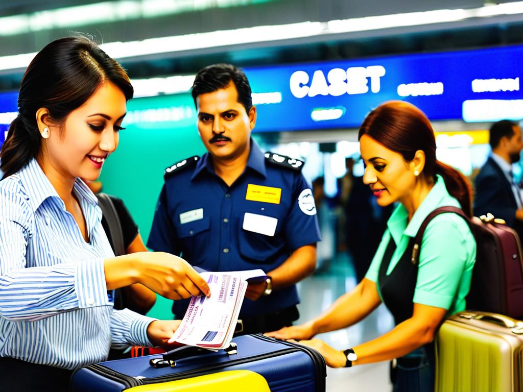 Туристы проходят таможенный контроль в аэропорту, демонстрируя паспорта и багаж для досмотра