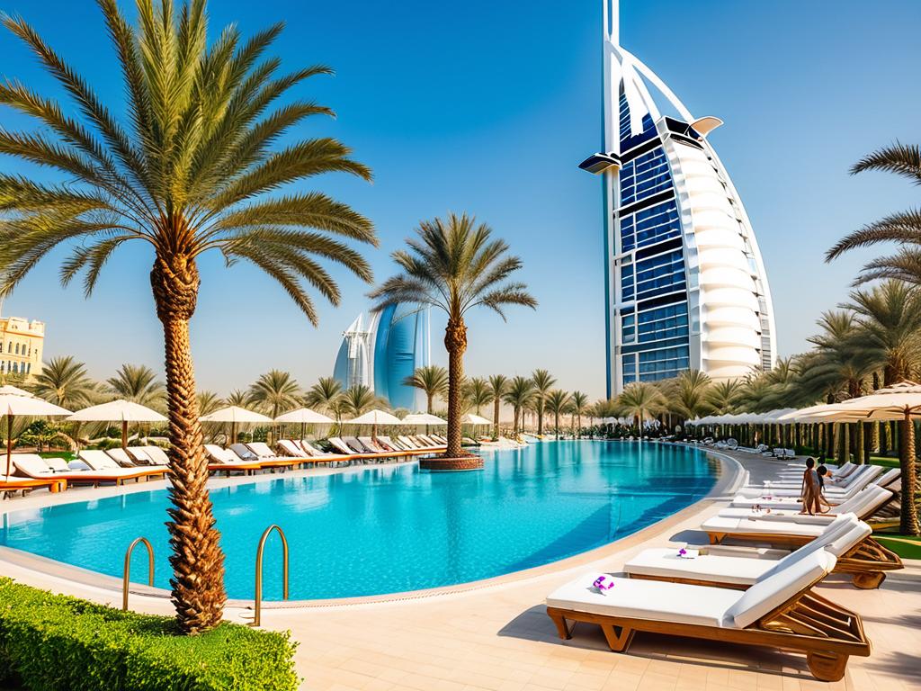 Люди загорают и купаются в открытом бассейне роскошного отеля в Дубае с пальмами и Бурдж Аль Араб