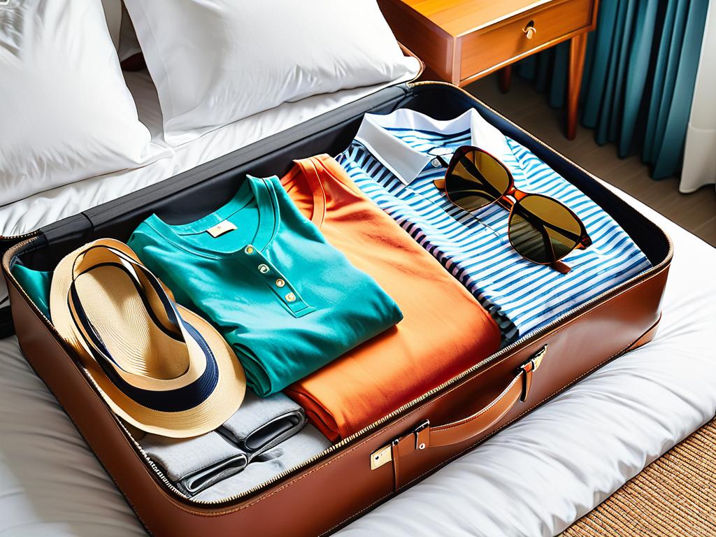 Разнообразие легкой летней одежды и пляжных аксессуаров, разложенных в открытом чемодане на кровати