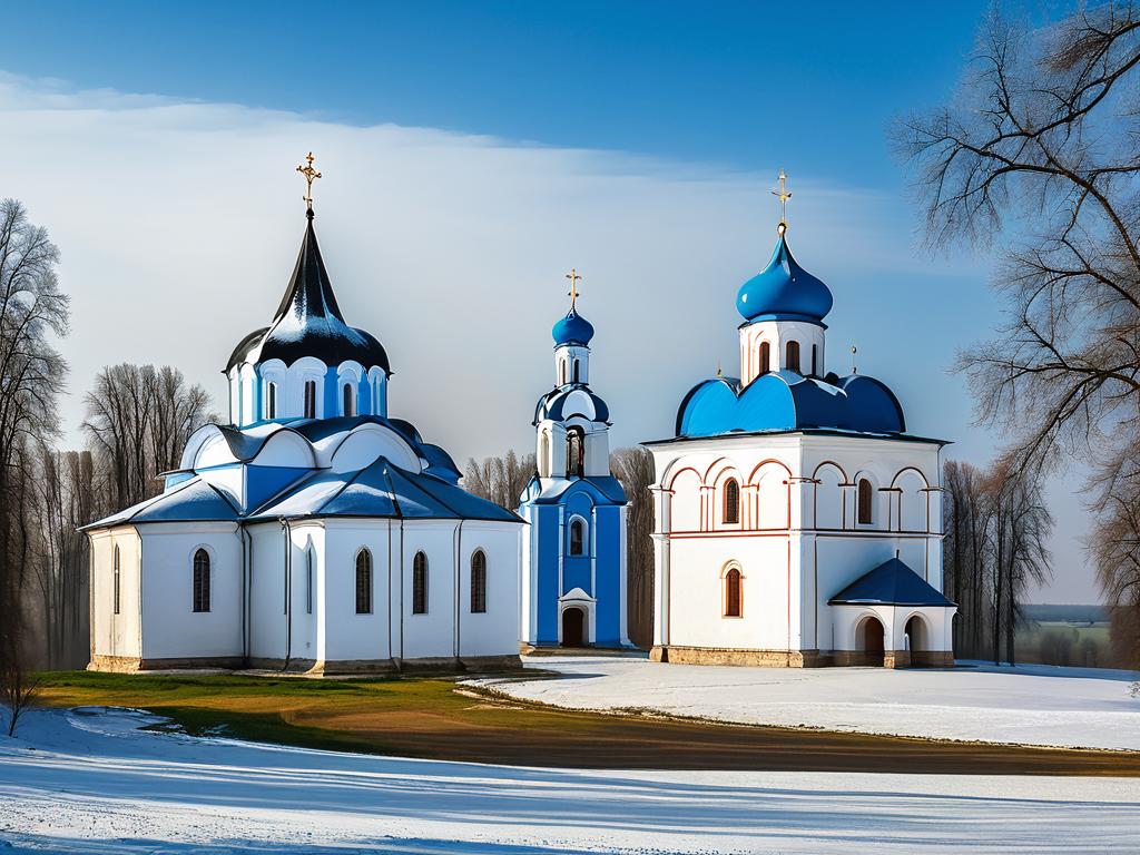 Синие и белые башни и церкви Саввино-Сторожевского монастыря около Звенигорода