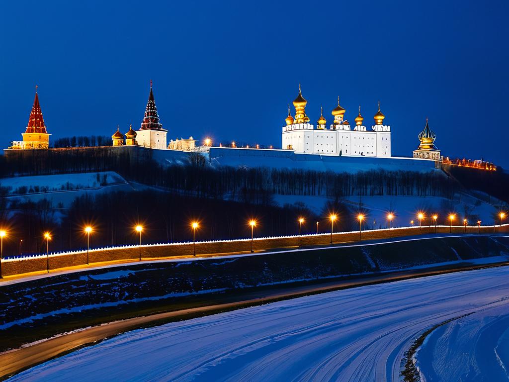 Стены и башни Кузнецкого Кремля, подсвеченные по ночам
