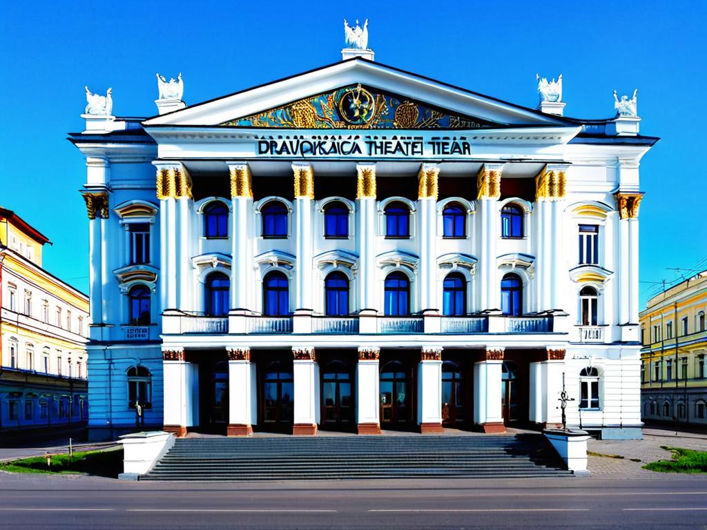 Вид на Новокузнецкий драматический театр - монументальное неоклассическое здание