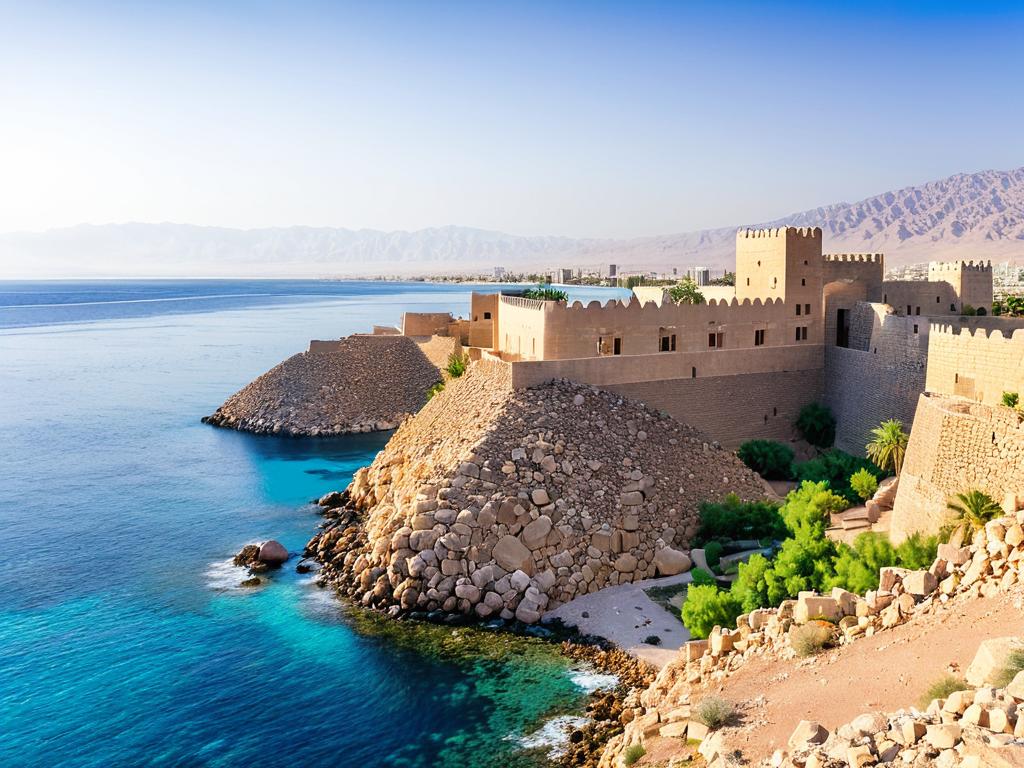 Руины исторической крепости на утесе с видом на город Акабу и Красное море