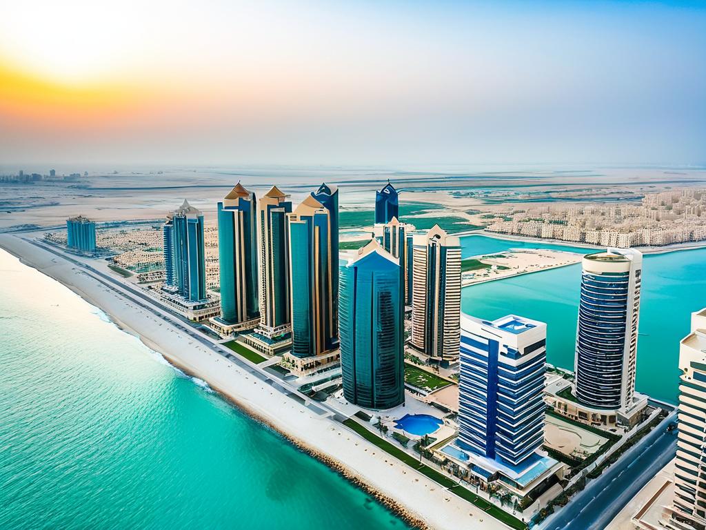 Вид сверху на современные небоскребы возле моря в Манаме, Бахрейн